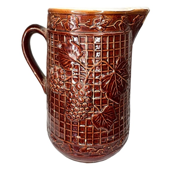 Vintage Brown Crock Pitcher with Grapes